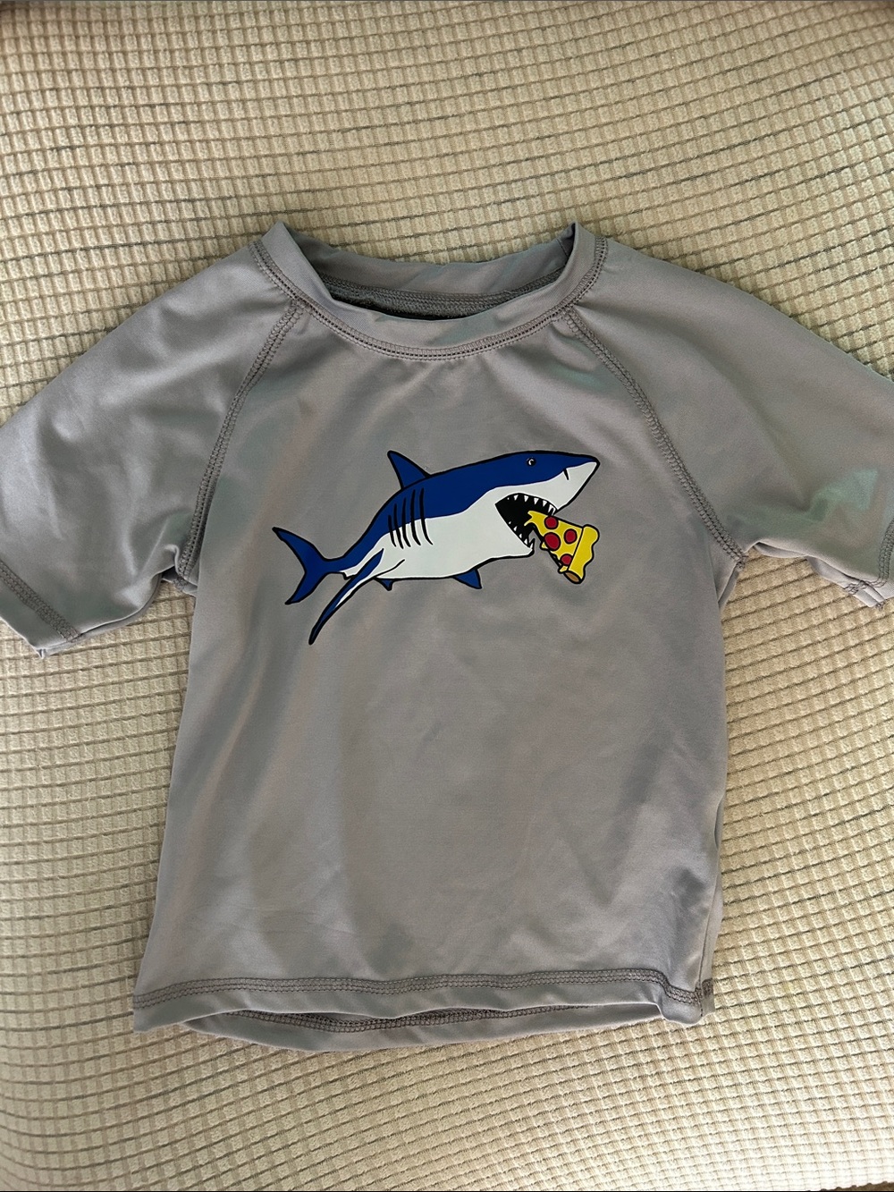 Kids Gray Shark Rashguard Swim Shirt with Blue Shark Graphic